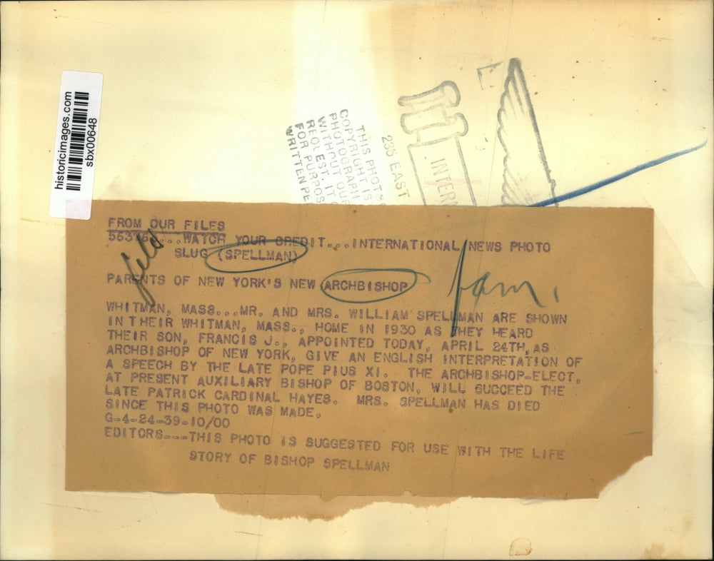 1939 Press Photo Mr & Mrs William Spellman as son Francis now Archbishop