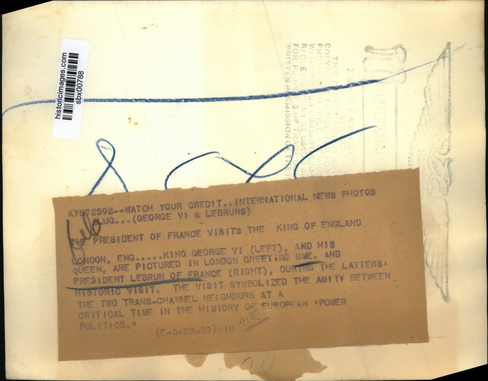 1939 Press Photo King George VI & Queen with French President LeBrun - sbx00788
