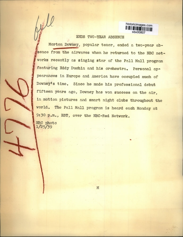 1939 Press Photo Tenor singer Morton Downey on NBC radio - sbx00807