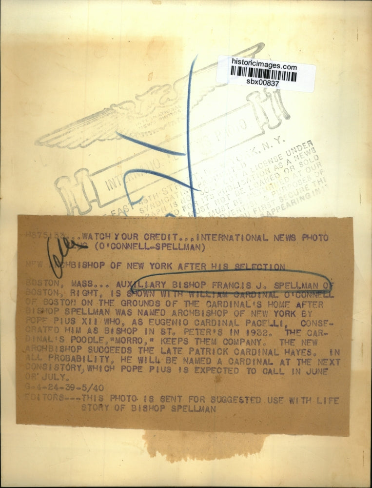 1939 Press Photo Most Reverend Francis J Spellman of Boston MA - sbx00837