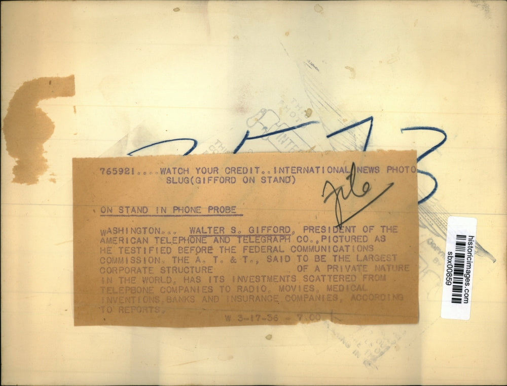 1936 Press Photo Walter S Gifford president of AT&T at FCC hearing - sbx00859