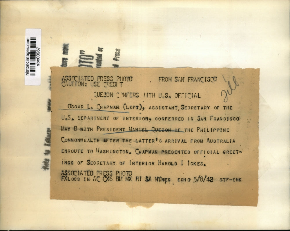 1942 Press Photo Asst Interior Secretary Oscar Chapman & Philippines M Quezon