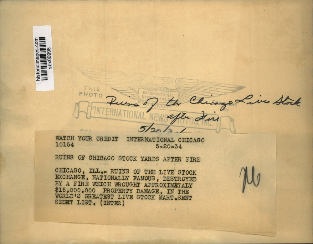 1934 Press Photo Ruins of Chicago stock yards after fire - sbx00998