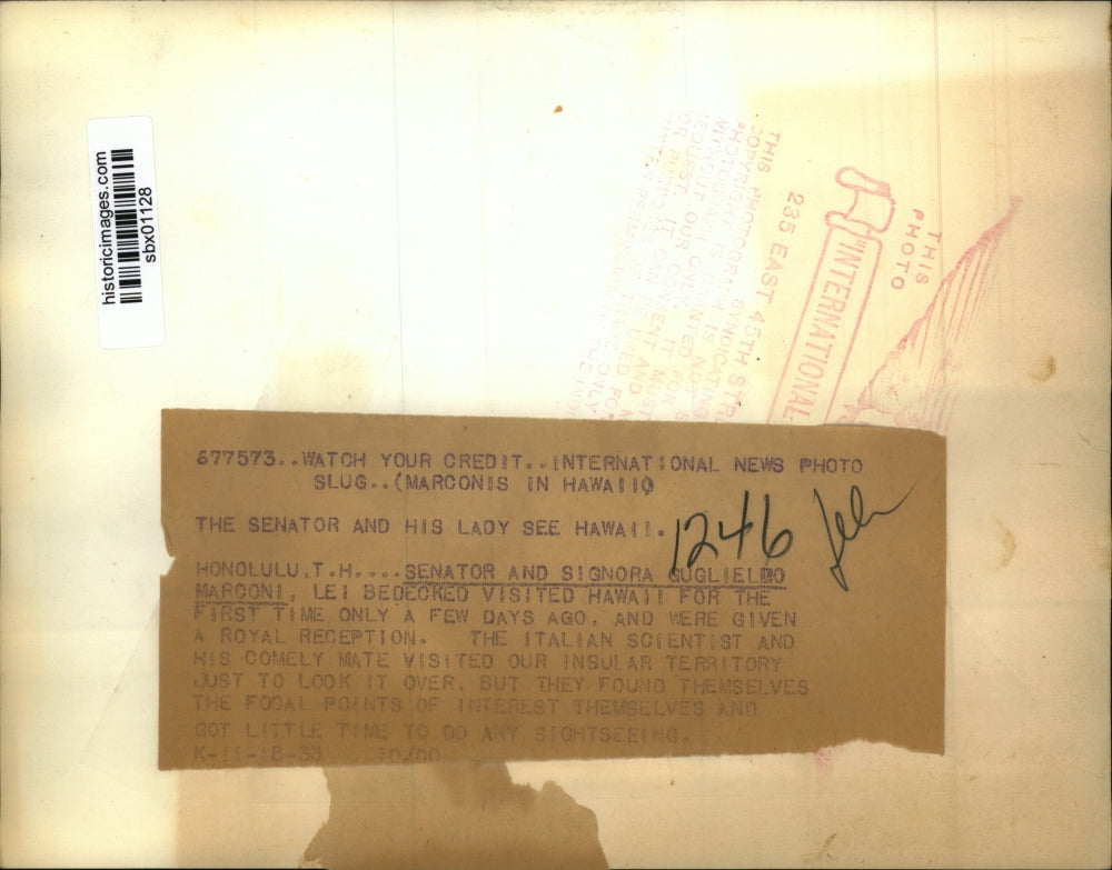 1933 Press Photo Senator & Mrs Guglielmo Marcon wireless inventor - sbx01128