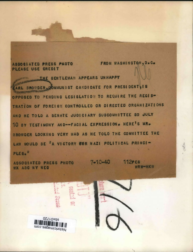 1940 Press Photo Earl Browder Communist candidate for US President - sbx01720