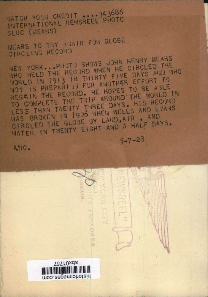 1928 Press Photo John Henry Mears, world record for round world trip in 1913