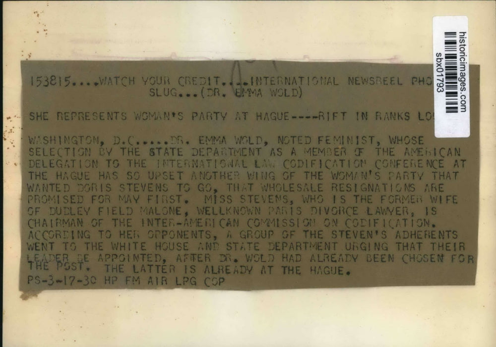 1930 Press Photo Emma Wold US Delegate to International Codification conferene