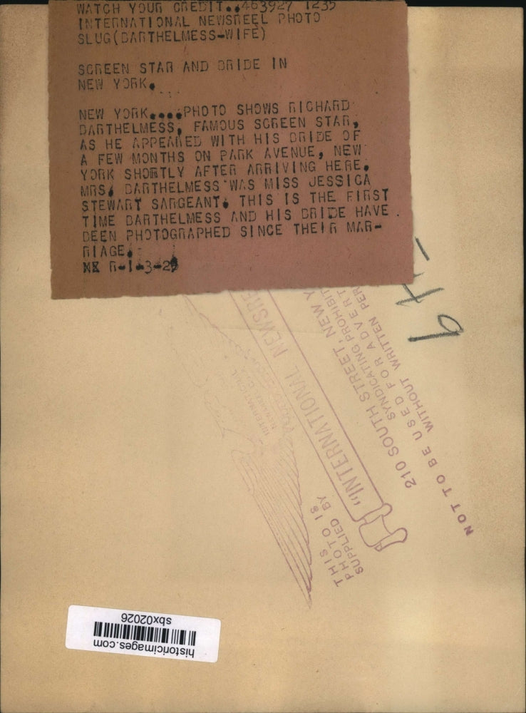 1929 Press Photo Richard Barthelmess & bride Jessica Sareaant in NY - sbx02026