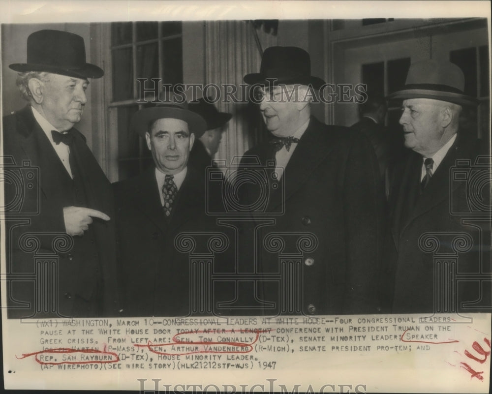 1947 Press Photo Sen Tom onnally, Speaker Joe Martin, Gen Art Vandenberg