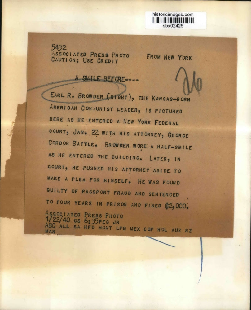 1940 Press Photo US Communist Party head Earl Browder, atty George Battle