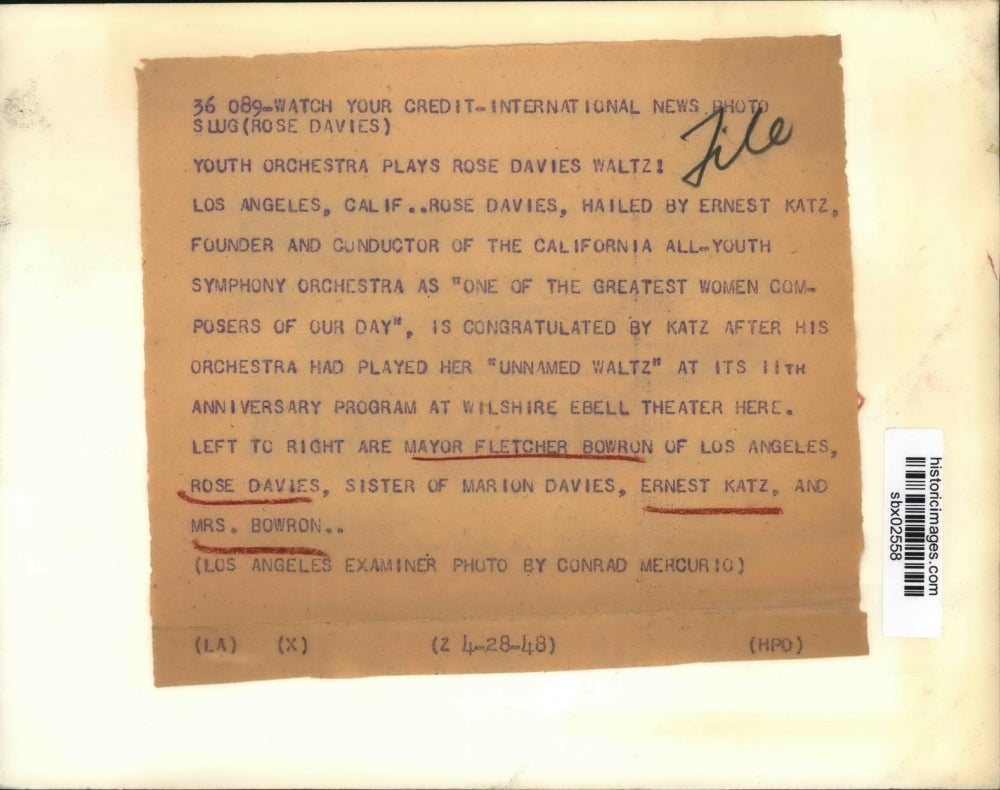 1948 Press Photo Rose Davies, Conductor Ernest Katz, LA Mayor Fletcher Bowron