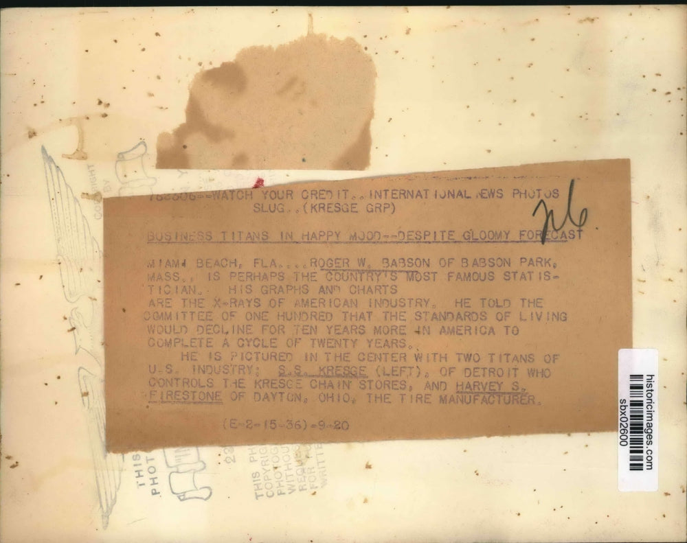 1936 Press Photo Roger Babson, SS Kresge, Harvey Firestone tire mfg - sbx02600