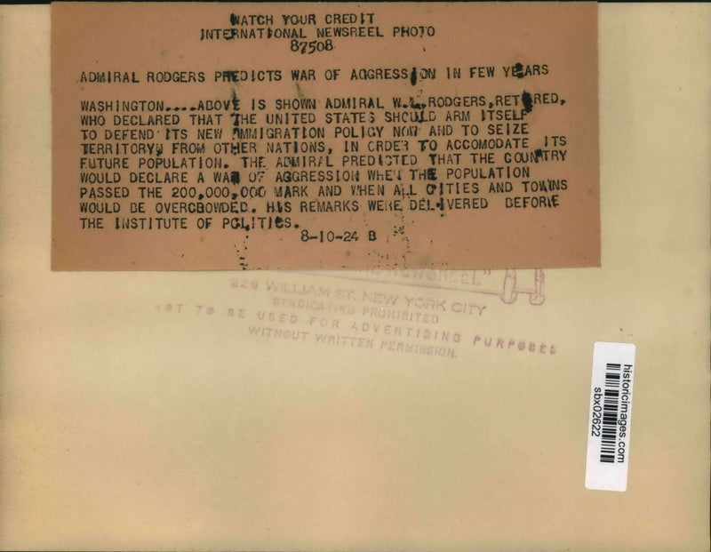 Load image into Gallery viewer, 1924 Press Photo Admiral WL Rodgers predicts war in a few years - sbx02622
