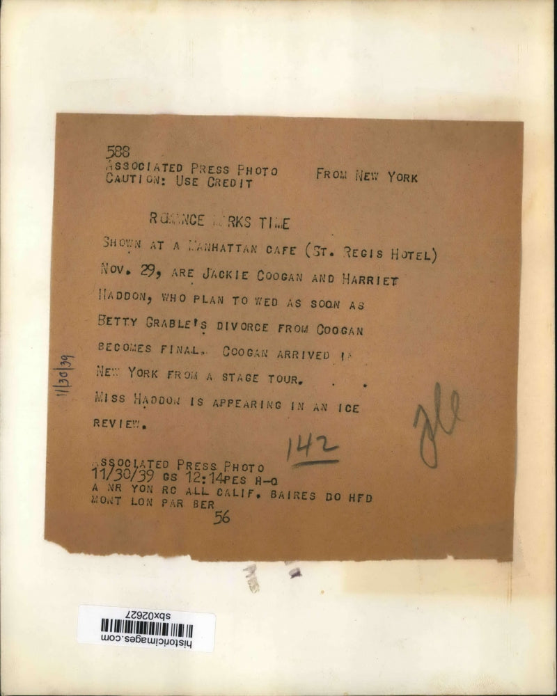 1939 Press Photo Jackie Coogan, Harriet Haddon will wed when his divorce is done