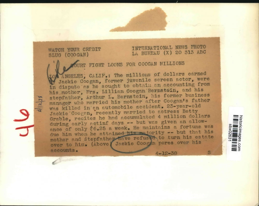 1938 Press Photo Actor Jackie Coogan at Los Angeles CA - sbx02631