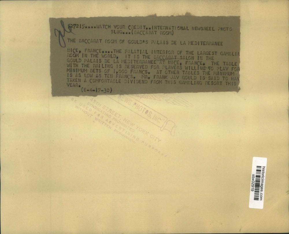 1930 Press Photo Baccarat Salon in Palais de la MÃƒÆ’Ã‚Â©diterranÃƒÆ’Ã‚Â©e in Nice, France