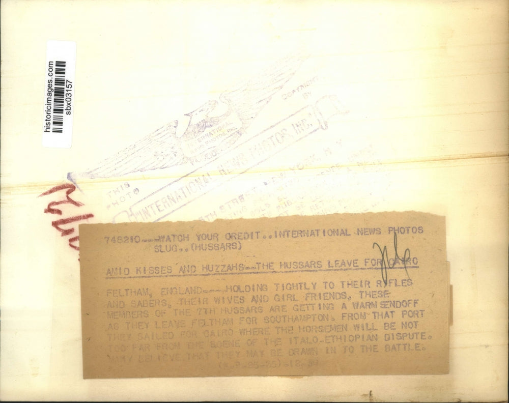 1936 Press Photo British Hussars prepare to leave Feltham, England for Ethiopia