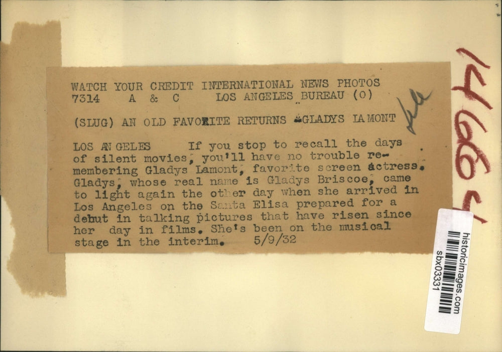 1932 Press Photo Gladys Lamont Actress arrived in LA aboard the Santa Elisa