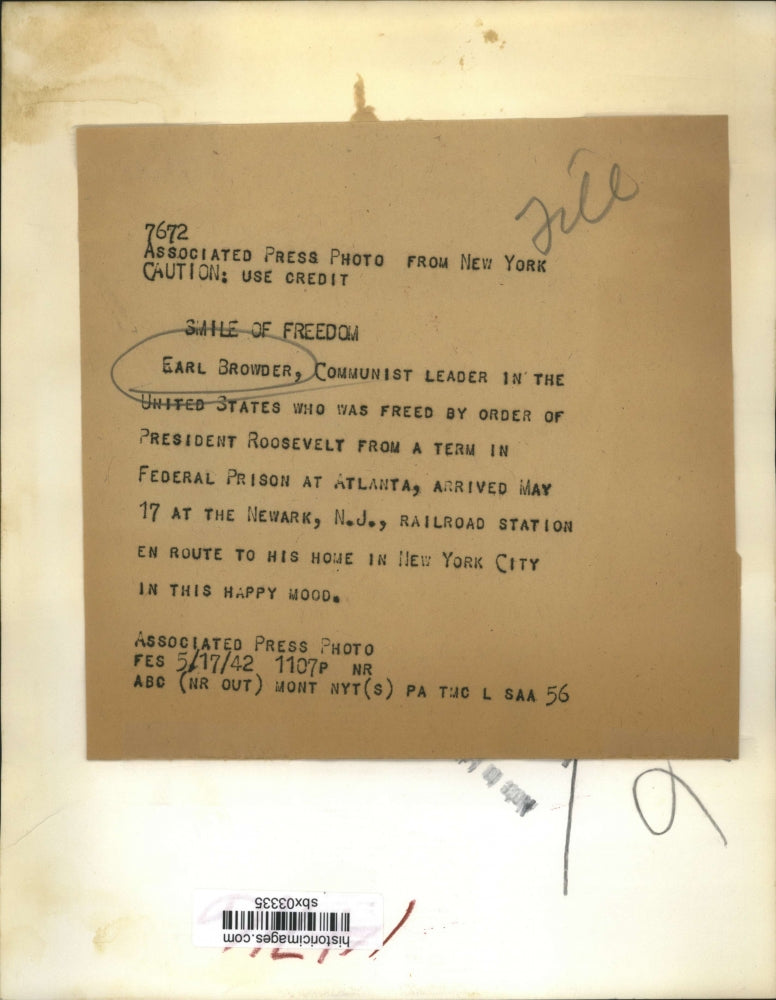 1942 Press Photo Earl Browder Communist leader freed by order of Pres. Roosevelt