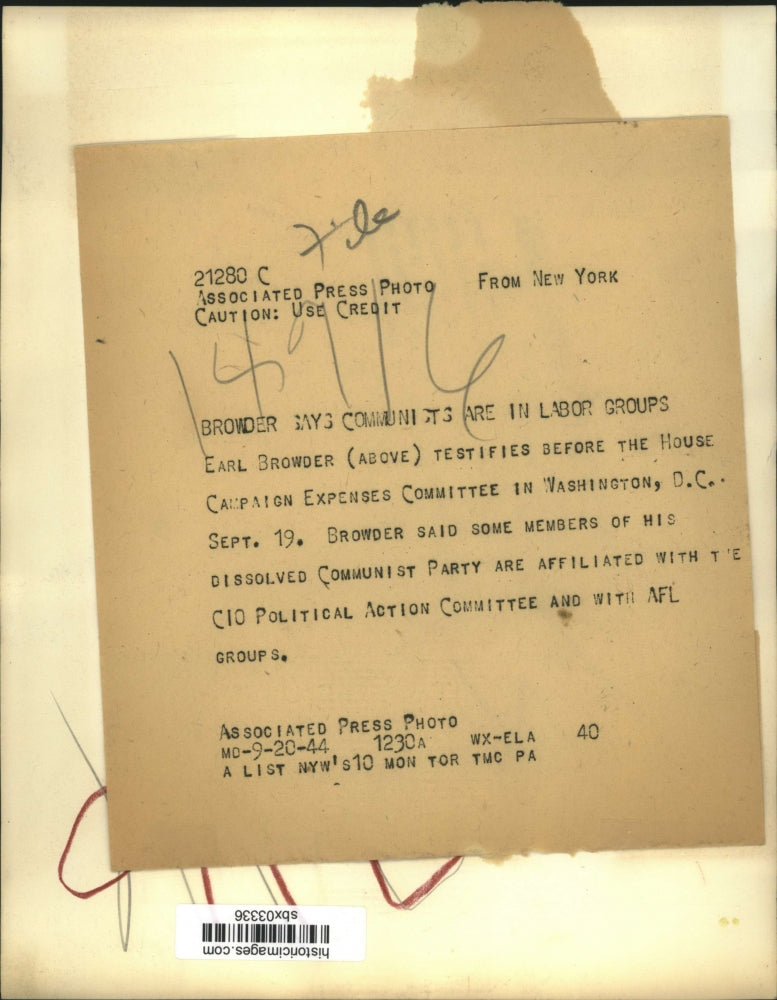 1944 Press Photo Earl Browder Testifies House Campaign Expenses Comm. in DC