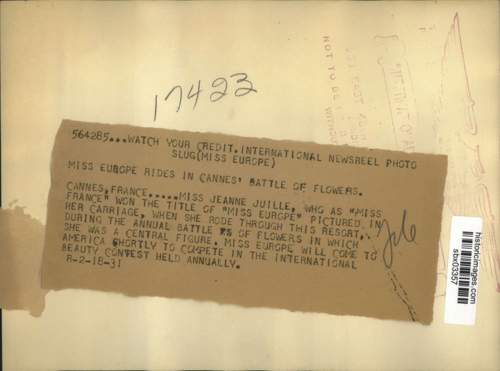 1931 Press Photo Jeanne Juille "Miss Europe" riding through resort in Cannes