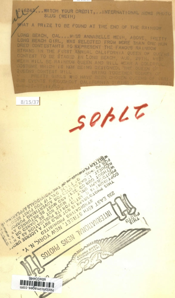 1937 Press Photo Annabelle Weih represents Rainbow Strand in CA Queen contest