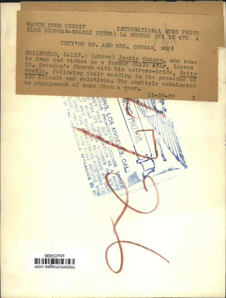 1937 Press Photo Jackie Coogan & Betty Grable leave their wedding at St. Brendan