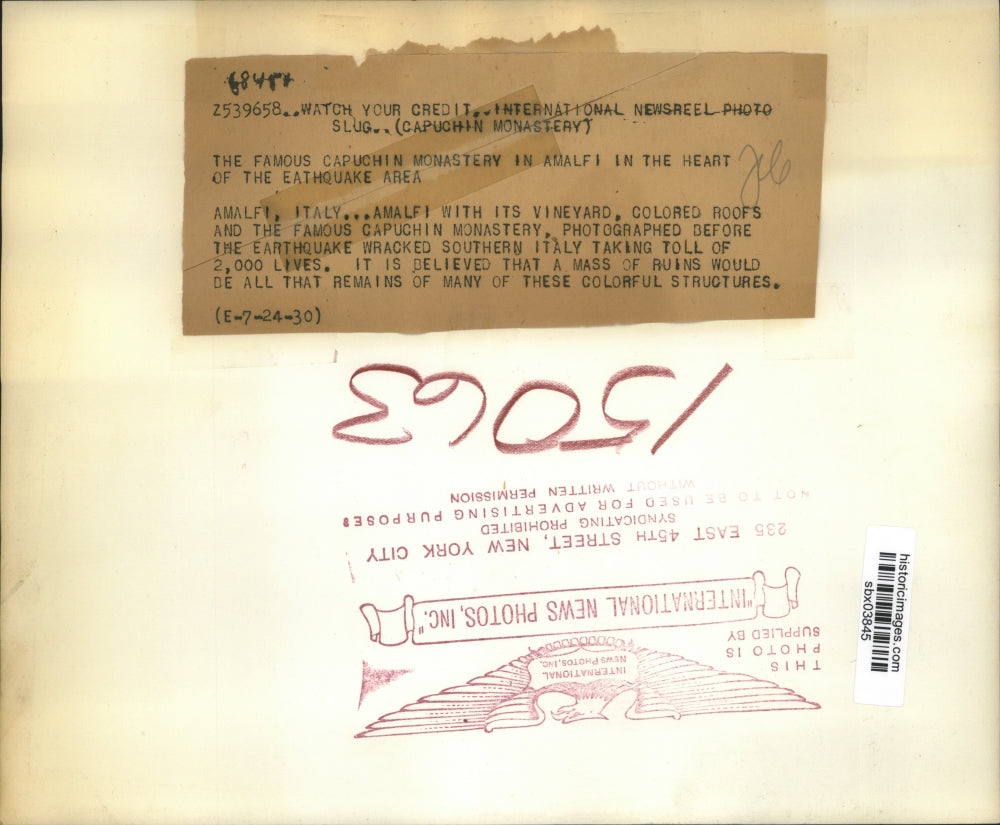 1930 Press Photo Capuchin Monastery in Amalfi in heart of the earthquake area