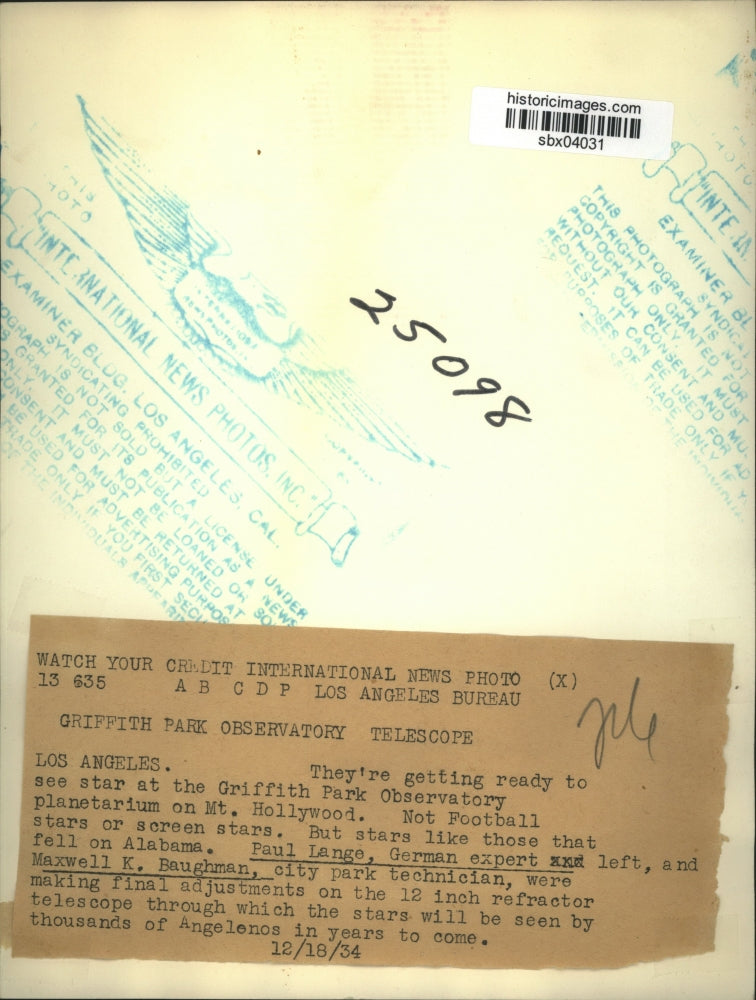 1934 Press Photo Paul Lange, Maxwell K. Baughman Griffith Park Observatory