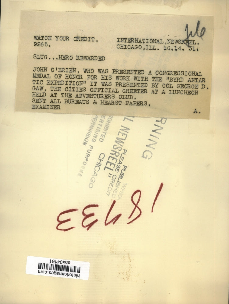 1931 Press Photo John O'Brien receives Medal of Honor for Byrd Expedition