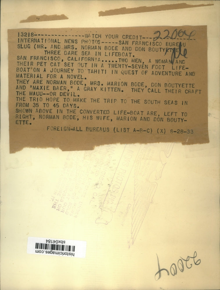 1933 Press Photo Norman Bode, Mrs. Marion Bode,Don Botyette & Cat Boating