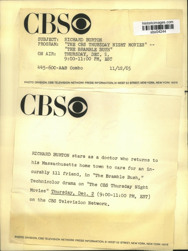 1965 Press Photo Richard Burton Appearing on The Bramble Bush - sbx04244