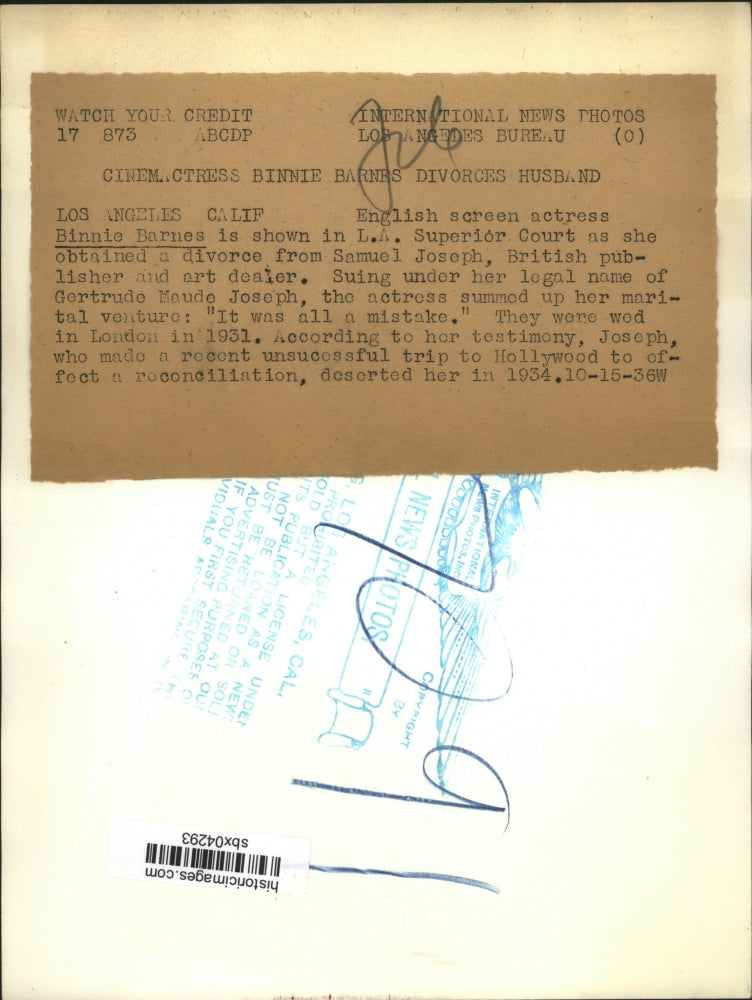 1936 Press Photo Binnie Barnes in L.A. Superior Court obtaining a divorce