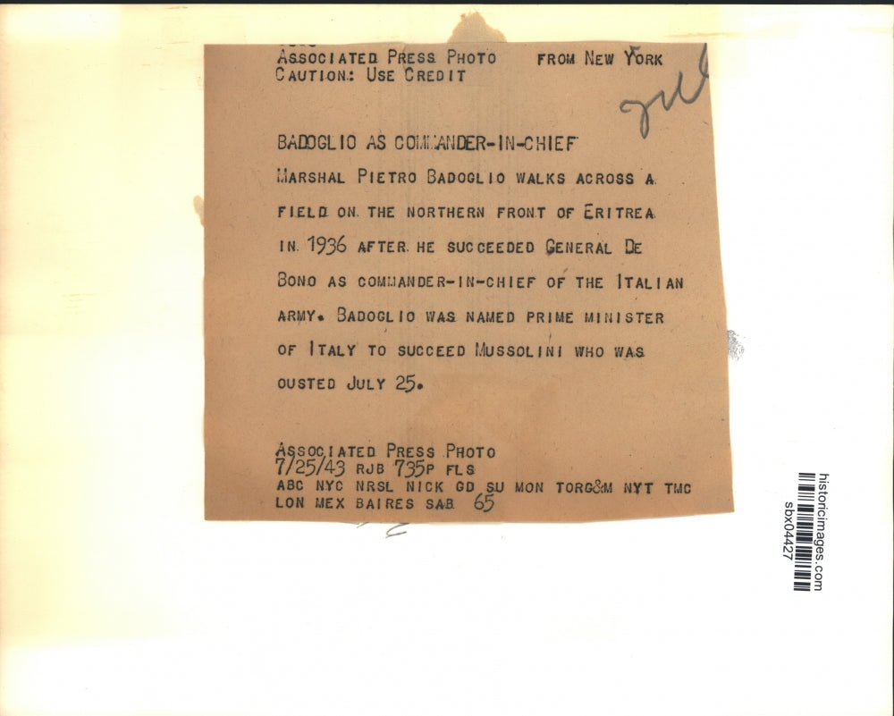 1943 Press Photo Marshal Pietro Badoglio Commander in Chief Italian Army