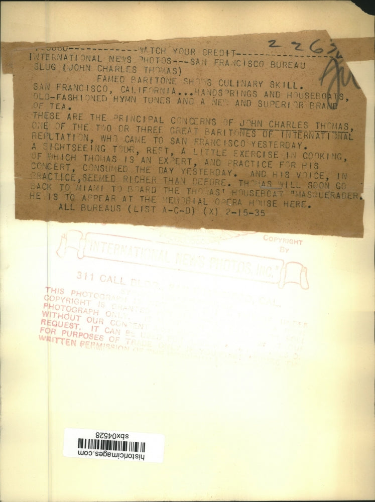1935 Press Photo John Charles Thomas Baritone in San Francisco - sbx04528