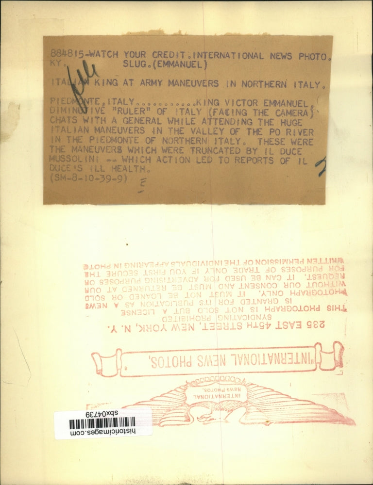 1939 Press Photo King Victor Emmanuel at Army Maneuvers in Italy - sbx04739