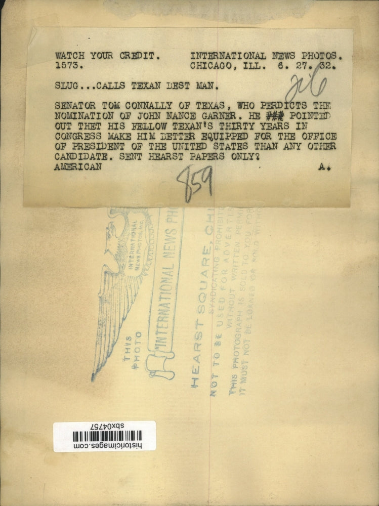 1932 Press Photo Senator Tom Connally of Texas - sbx04757