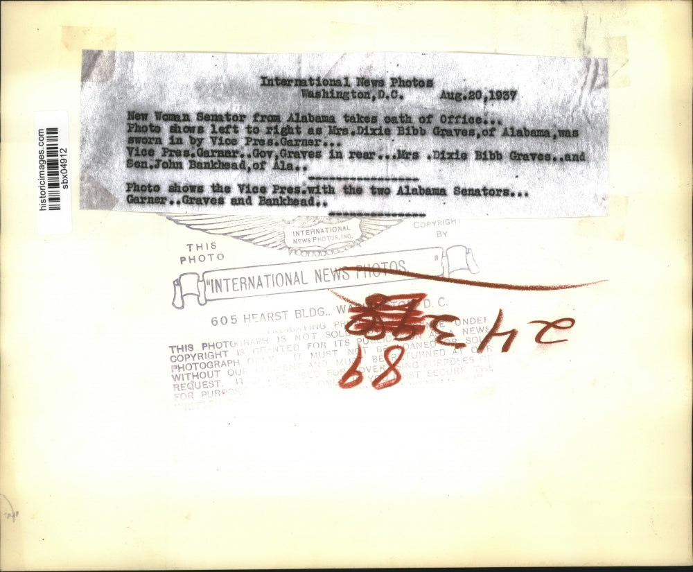 1937 Press Photo Mrs. Dixie Bibb Graves sworn into office by Garner - sbx04912