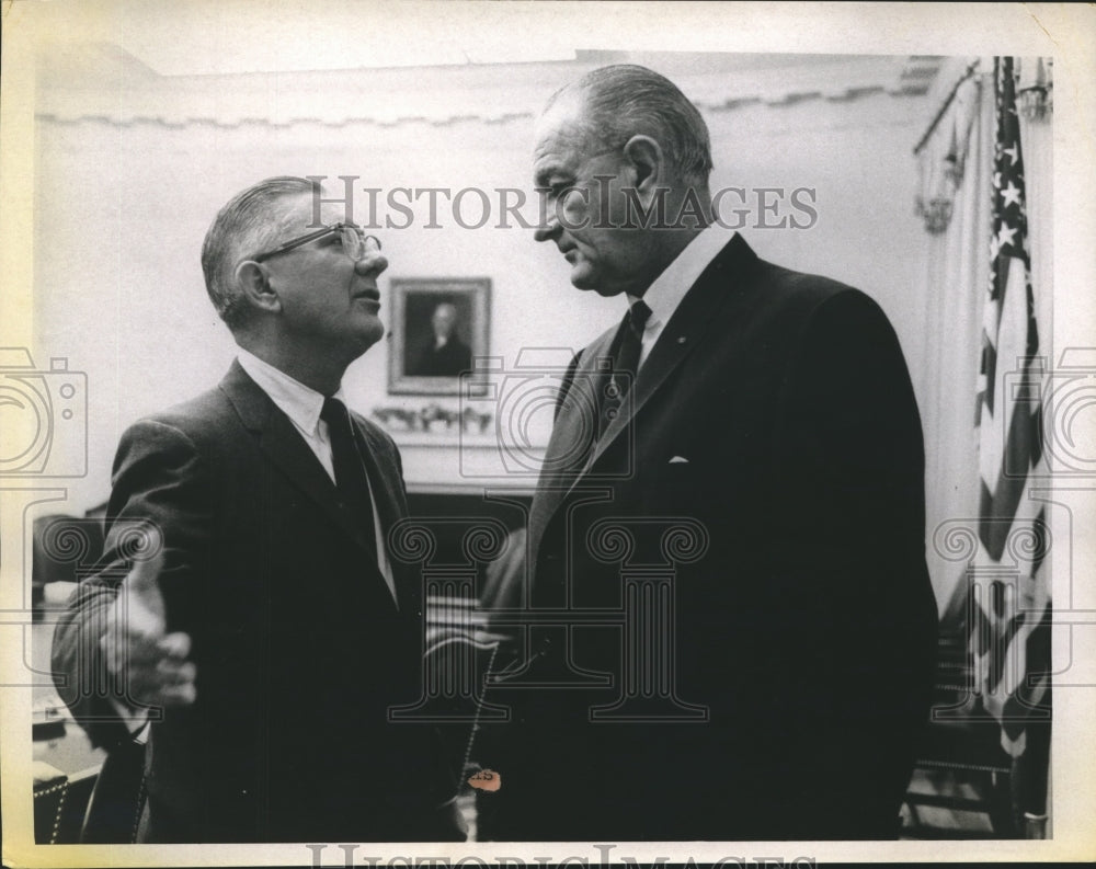1967 Press Photo Wilbur Mills discusses his shelving of tax increase with LBJ