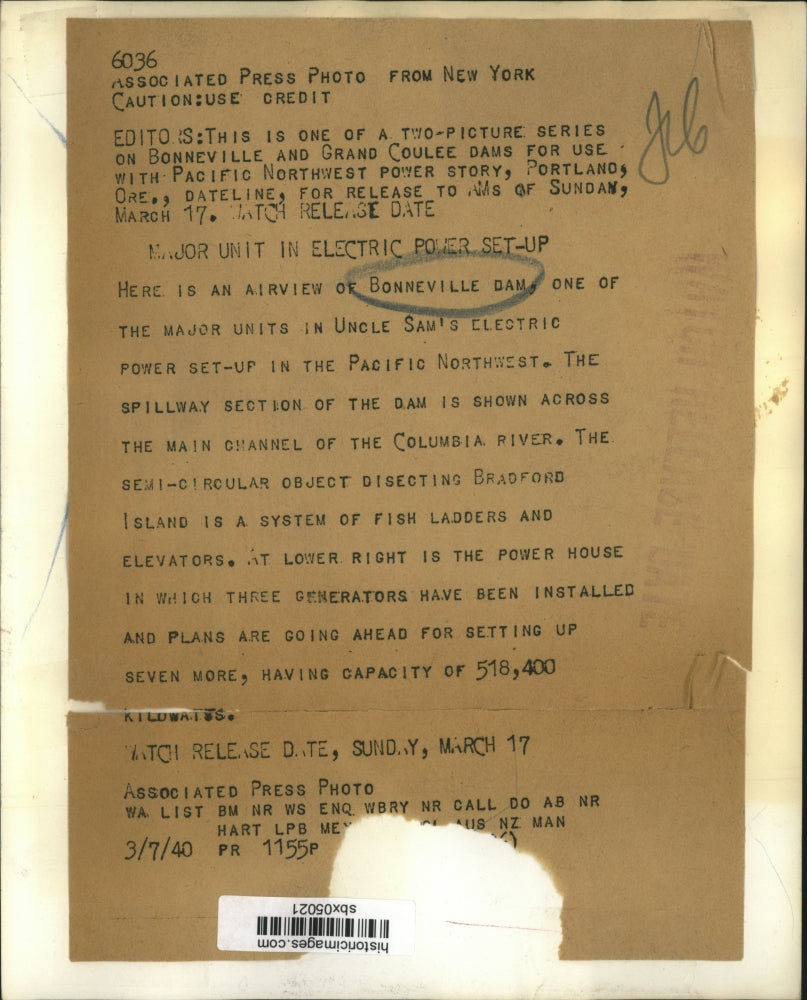 1940 Press Photo Bonneville Dam Electric Power Set up in Pacific North West