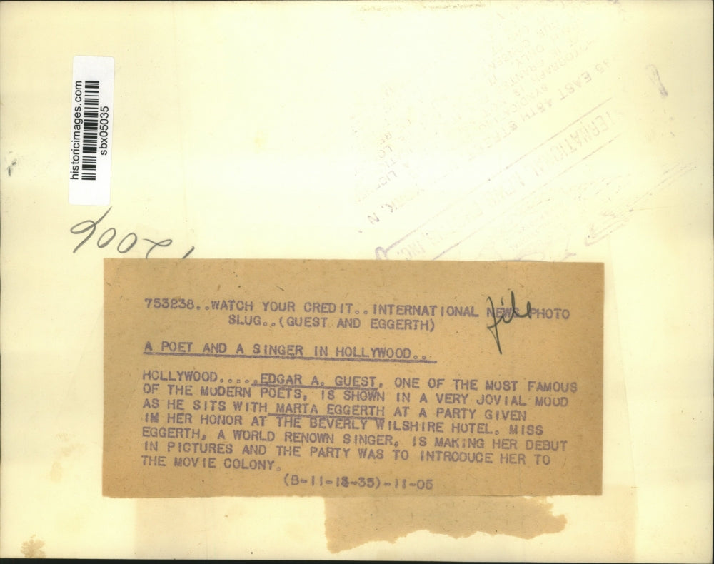 1935 Press Photo Edgar Guest, Martha Eggerth at Party at Beverly Wilshire Hotel