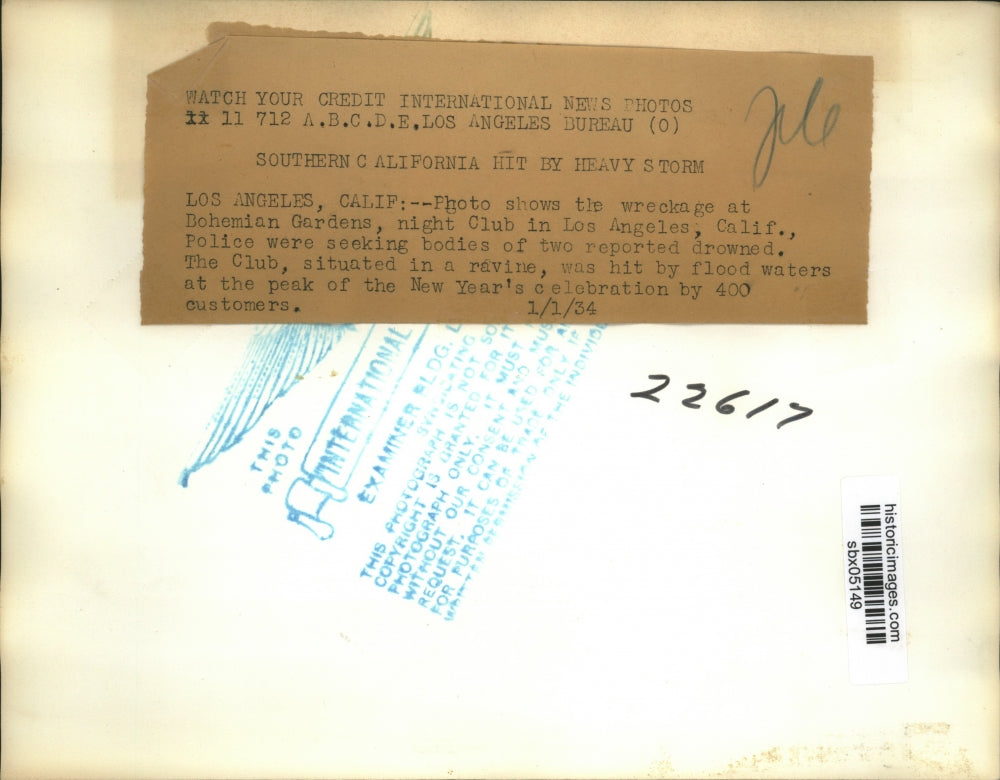 1934 Press Photo Storm wreckage at Bohemian Gardens night club in Los Angeles