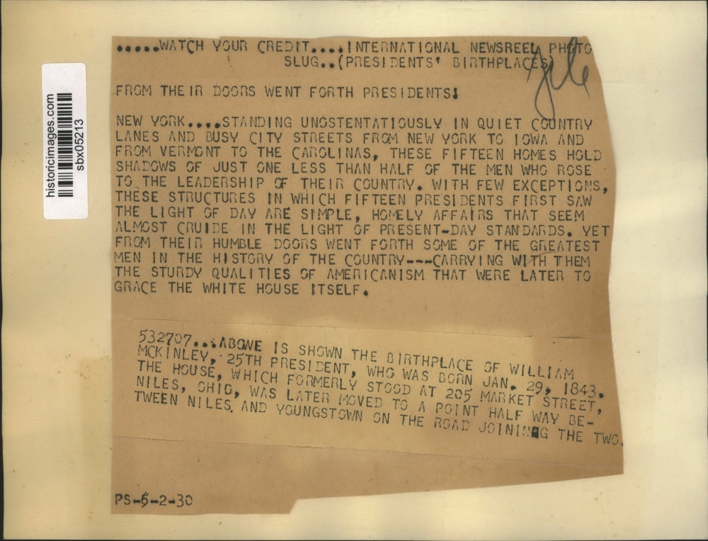 1930 Press Photo Birthplace of President William McKinley in Niles, Ohio