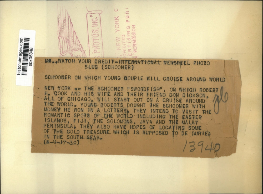 1930 Press Photo Robert Cook's schooner "Swordfish" embarkes on world cruise