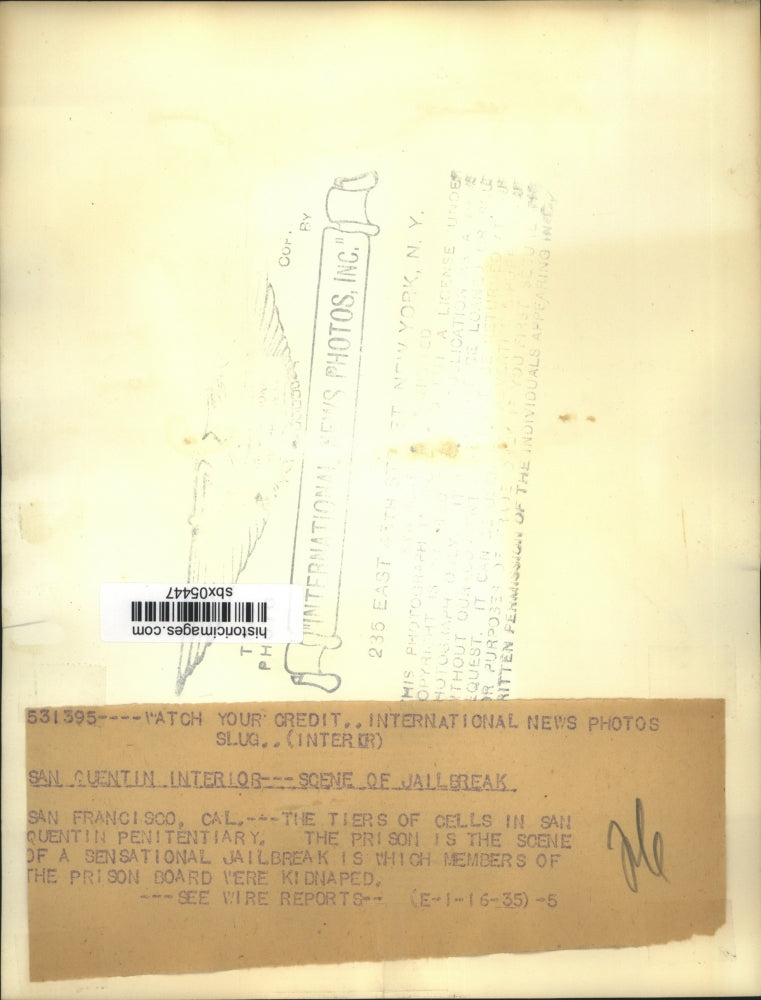 1935 Press Photo tiers of cells in San Quentin Penitentiary - sbx05447