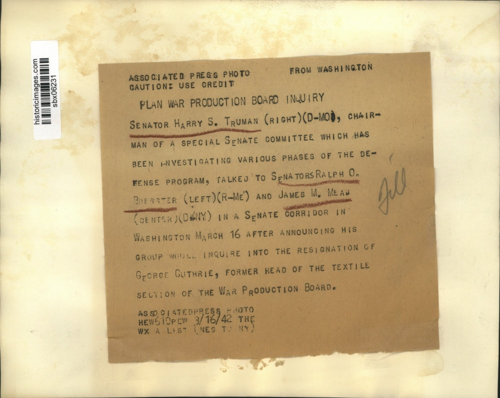1942 Press Photo Sen. Harry Truman plans War Production Senate Inquiry