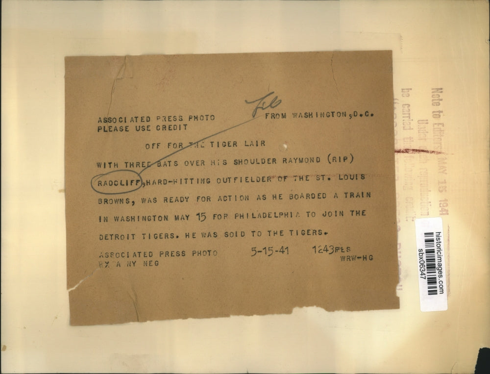 1941 Press Photo St. Louis Browns' Raymond 'Rip' Radcliff sold to the Tigers