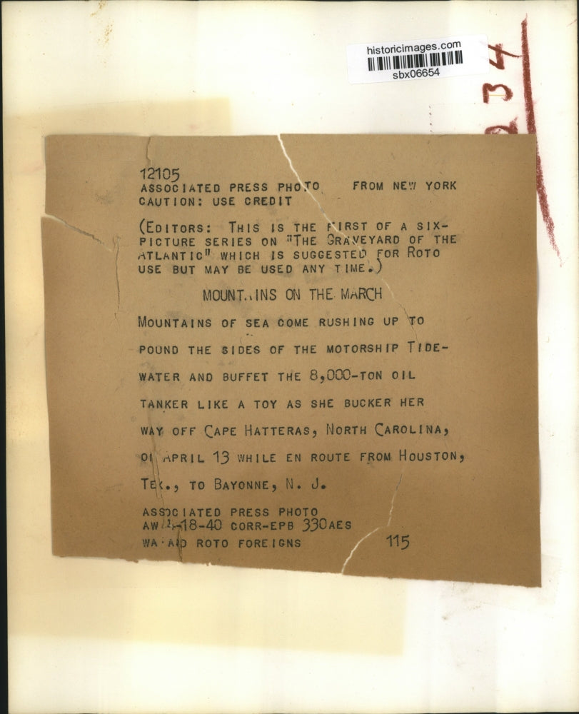 1940 Press Photo Wave Engulfs Oil Tanker On the Coast of North Carolina