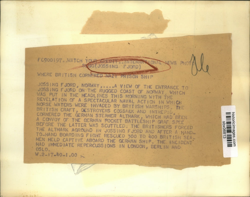 1940 Press Photo Entrance to the Jossingfjord where British cornered Nazi Ship