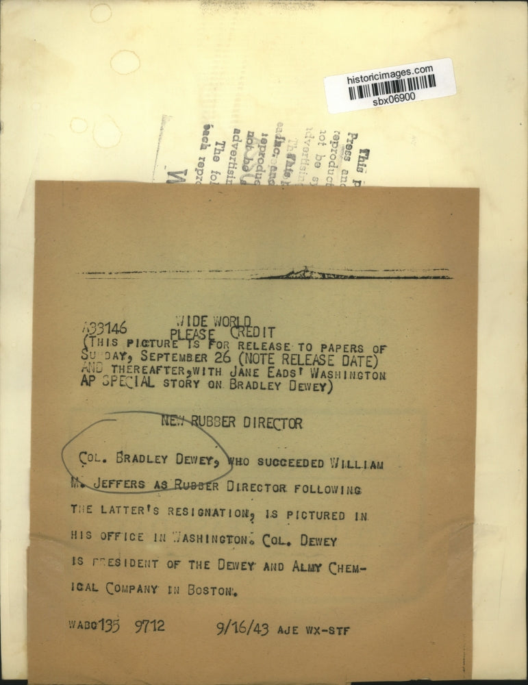 1943 Press Photo Col Bradley Dewey new Rubber Director succeeds Wm M Jeffers